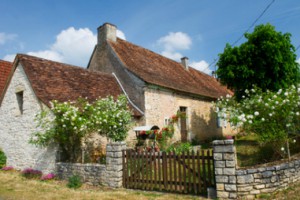 Romantic old French house with white roses