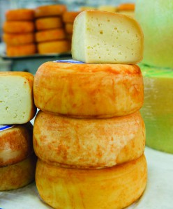 Cheese piled high on a market stall