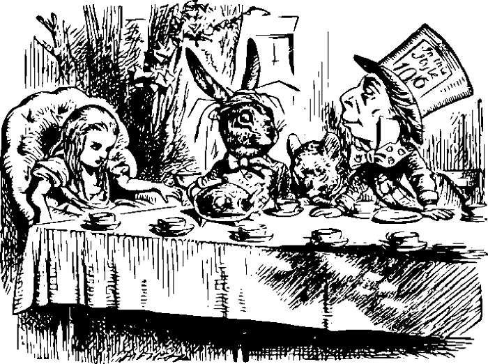 illustration of the characters in Alice in wonderland sat around the table