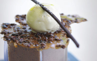 Chocolate mousse with cocoa-bean brittle and caramel ice cream