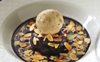 Hot chocolate pudding with praline parfait