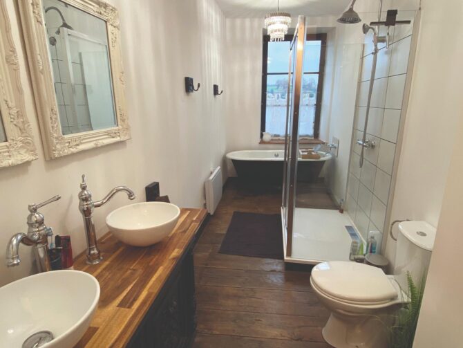 The family bathroom, complete with cast-iron bath; (inset) before