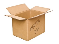 Time to move represented by a moving box labelled moving day